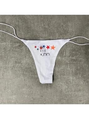 White Women's String Bikini Bottom with Star and Face Print